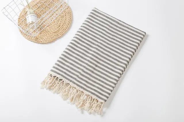 Fringed Beach Towel Polyester Cotton Wearable Striped Bath Towel Cushion Tablecloth Black - Shop at LoveMi