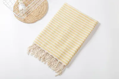 Fringed Beach Towel Polyester Cotton Wearable Striped Bath Towel Cushion Tablecloth Yellow - Shop at LoveMi