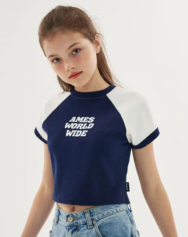Same Paragraph Color Matching English Comfortable Short sleeved T shirt Navy Blue - Shop at LoveMi