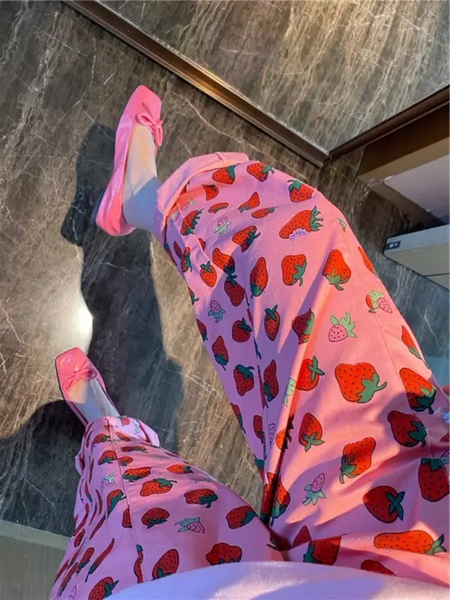 Bora Korea Dongdaemun Beautiful Greasy Full Print Small Strawberry Elastic Waist Casual Pants Women Pink - Shop at LoveMi