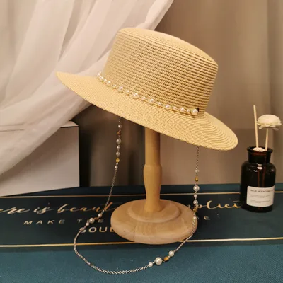 French Retro Pearl Chain Flat Straw Hat Elegant Top Hat Female Spring And Summer Beige - Shop at LoveMi