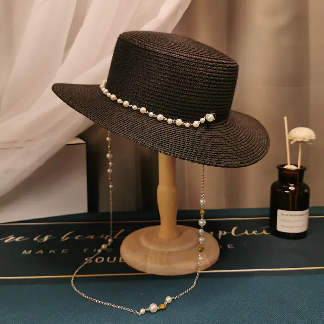French Retro Pearl Chain Flat Straw Hat Elegant Top Hat Female Spring And Summer Black - Shop at LoveMi