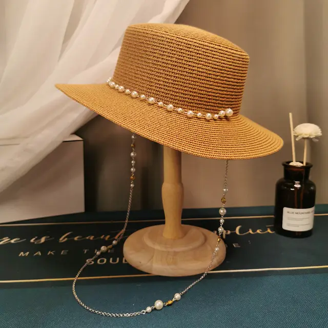French Retro Pearl Chain Flat Straw Hat Elegant Top Hat Female Spring And Summer Khaki - Shop at LoveMi