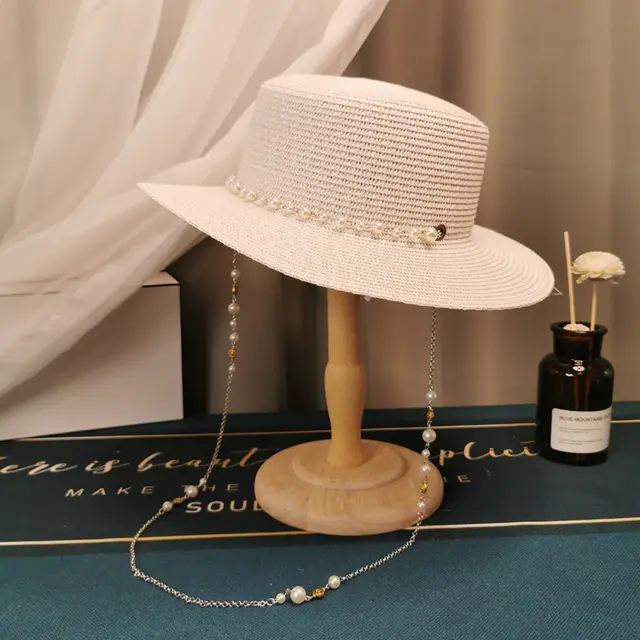 French Retro Pearl Chain Flat Straw Hat Elegant Top Hat Female Spring And Summer White - Shop at LoveMi
