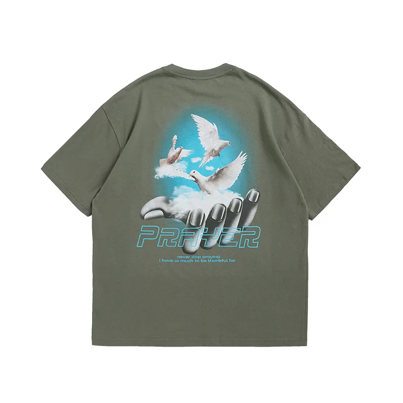 Personalized White Pigeon Print Loose Student Short sleeved Men's T shirt Green - Shop at LoveMi