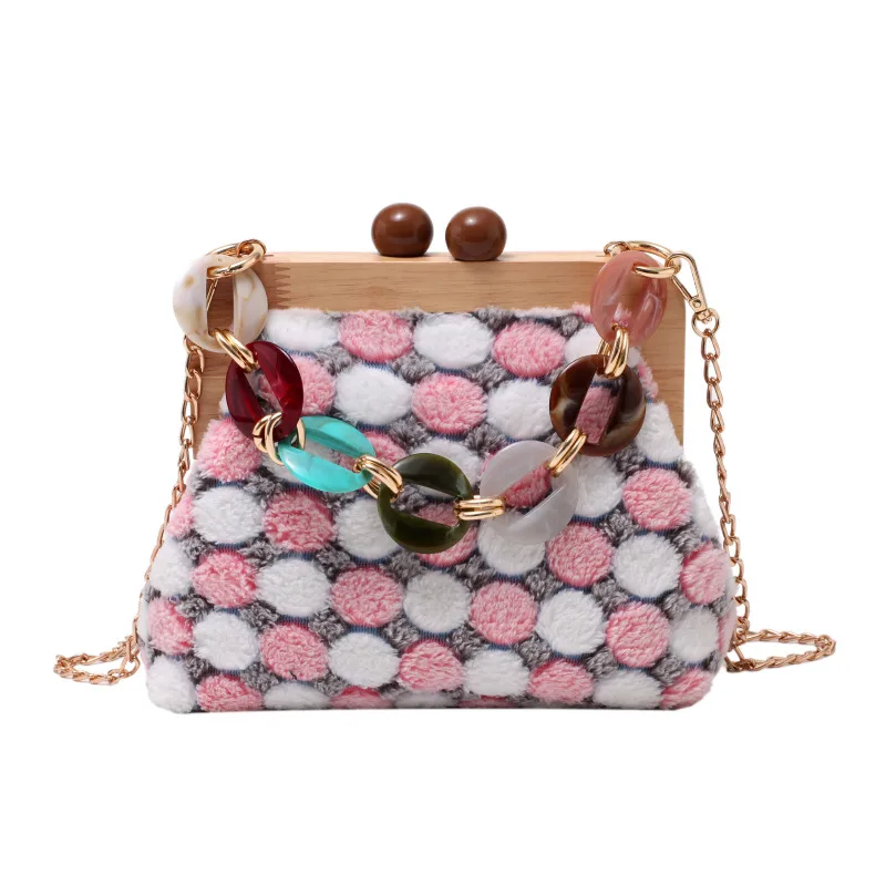 Solid Wood Clip Shoulder Bag Women Plush Color Matching Messenger Bag Pink - Shop at LoveMi