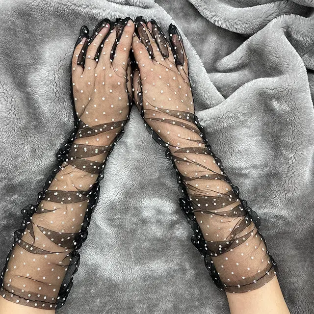 Long Lace Gloves Sexy Hook Finger Gloves White Dots Black Background - Shop at LoveMi