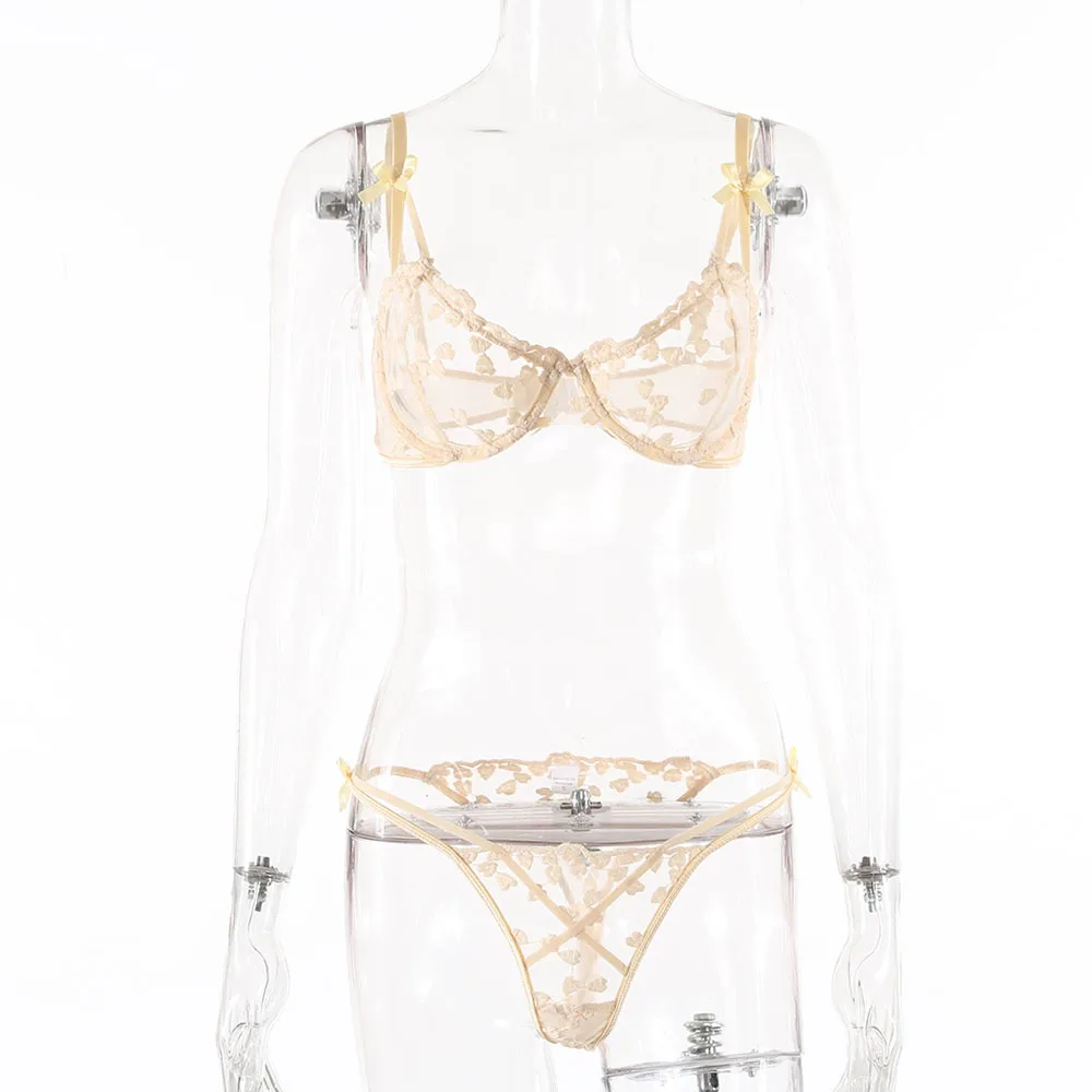 European And American Women'S Crochet Lace Perspective Bow Sexy Lingerie Set 14405 - Beige