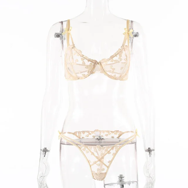 European And American Women'S Crochet Lace Perspective Bow Sexy Lingerie Set 14405 Beige - Shop at LoveMi
