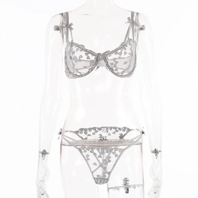European And American Women'S Crochet Lace Perspective Bow Sexy Lingerie Set 14405 Grey - Shop at LoveMi