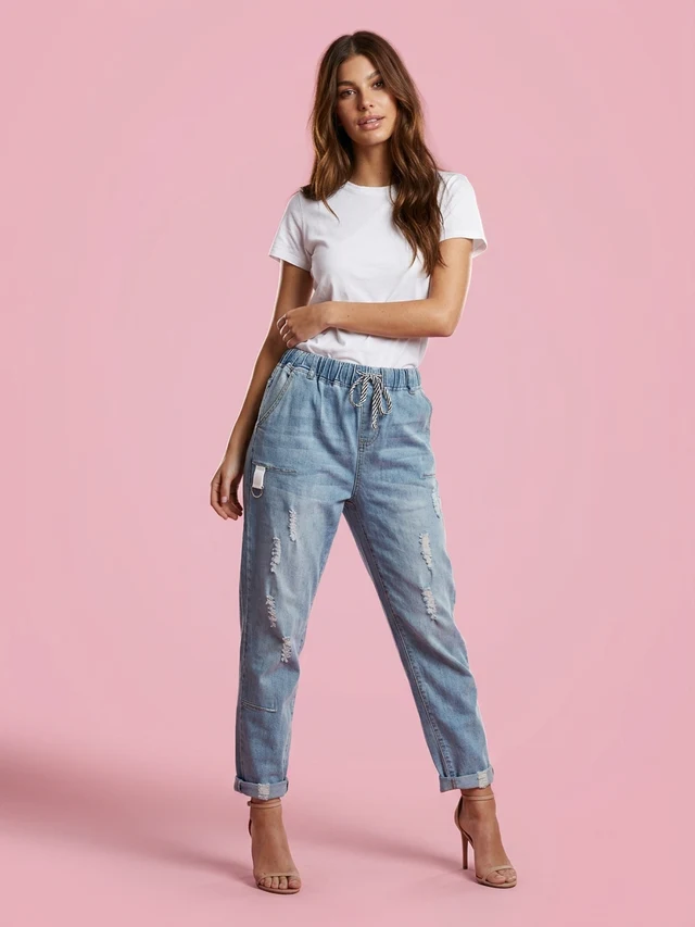 Stretch Elastic Waist Loose Slimming Ripped Jeans Blue - Shop at LoveMi
