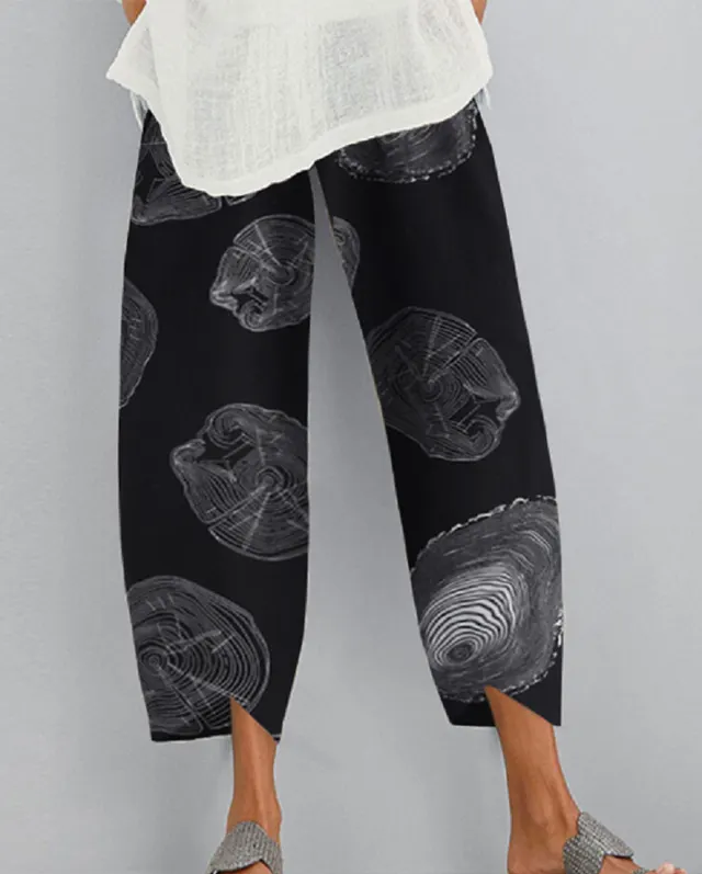 Women's Fashion Loose Annual Ring Printed Elastic Waist Pocket Casual Pants Black - Shop at LoveMi