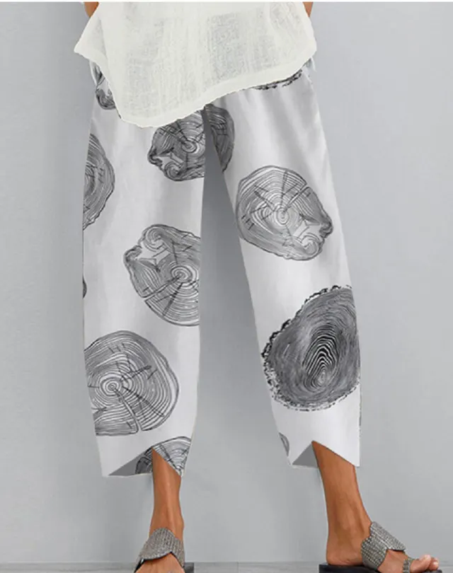 Women's Fashion Loose Annual Ring Printed Elastic Waist Pocket Casual Pants White - Shop at LoveMi