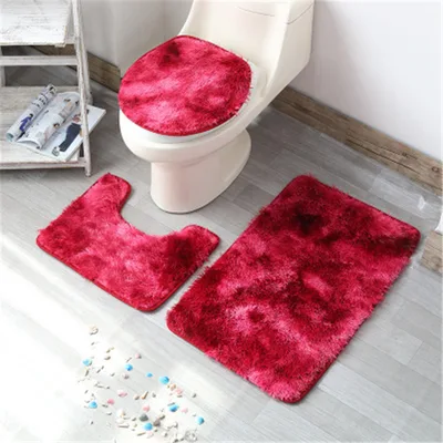 Tie dyed Hairy Carpet Toilet Three piece Non slip Foot Mat Scarlet - Shop at LoveMi