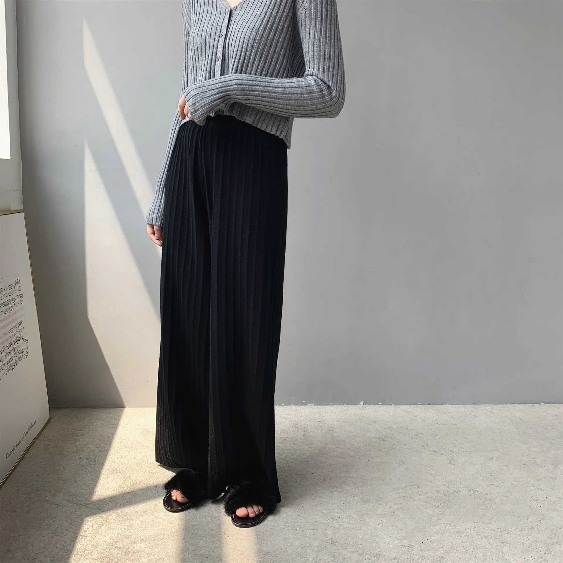 Korean Style Vertical Striped Thin Wide-leg Pants Women's Suit Pants - Black