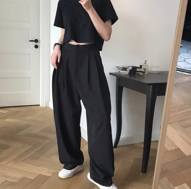 Loose Drape Slimming Straight Radish Pants Casual Trousers Black - Shop at LoveMi