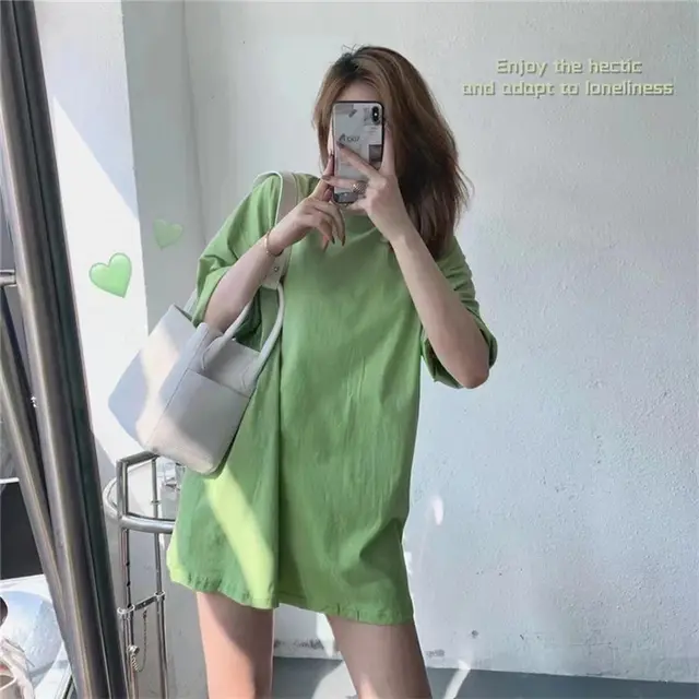 Short sleeved Solid Color Mid length Half sleeved Bottoming Shirt Candy Color Olive Green - Shop at LoveMi