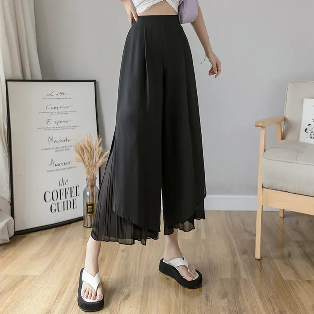 New Chiffon Pleated Split Wide Leg Pants Casual Pants Cropped Trousers Black - Shop at LoveMi