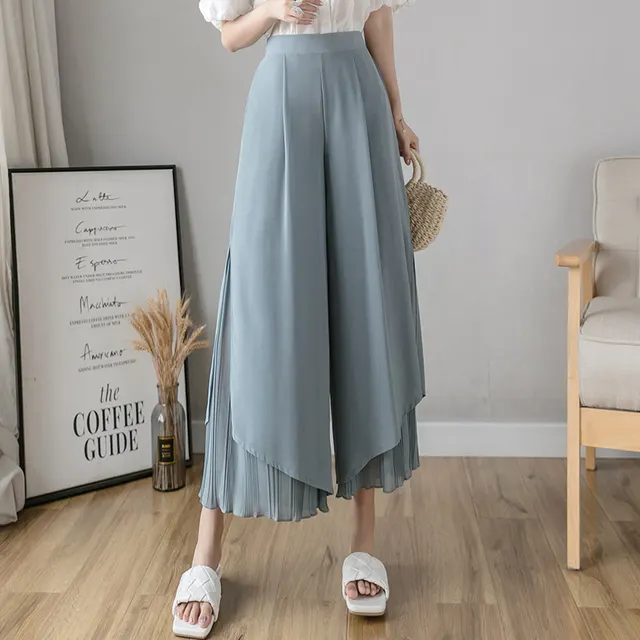 New Chiffon Pleated Split Wide Leg Pants Casual Pants Cropped Trousers Blue - Shop at LoveMi