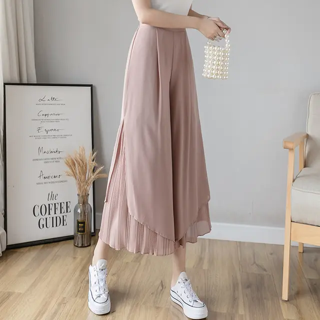 New Chiffon Pleated Split Wide Leg Pants Casual Pants Cropped Trousers Pink - Shop at LoveMi