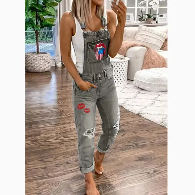 Printed Washed Women's Overalls Grey - Shop at LoveMi