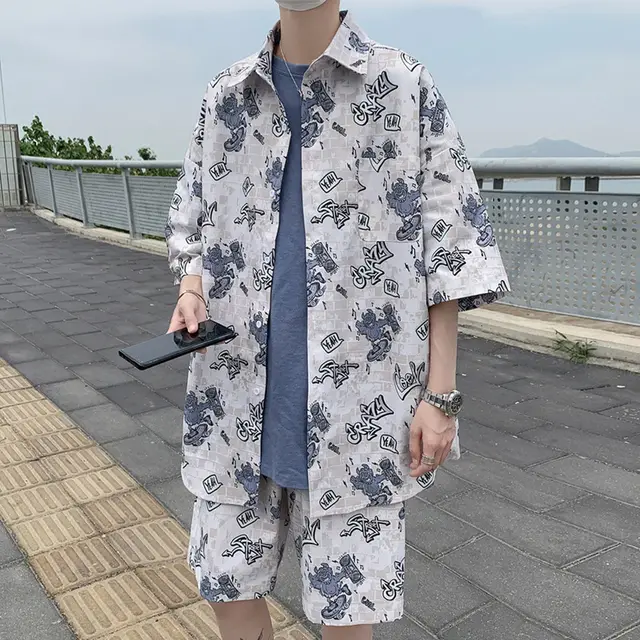 Summer New Men'S Suit Shorts Short Sleeved Shirt Casual Loose Large Size Trend Tide Brand Style Suit Men Monster Apricol - Shop at LoveMi