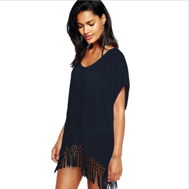 Pure Color Tassel Unlined Upper Garment To Bat Sleeve Beach Black - Shop at LoveMi