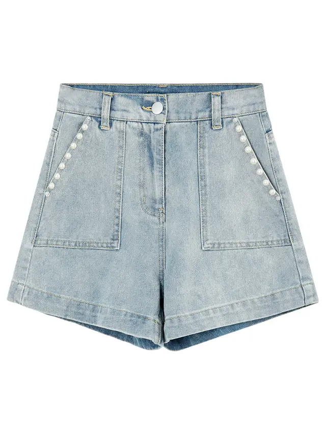 Beaded Denim Shorts Women's Thin High waisted Wide leg Hot Pants Light Blue - Shop at LoveMi
