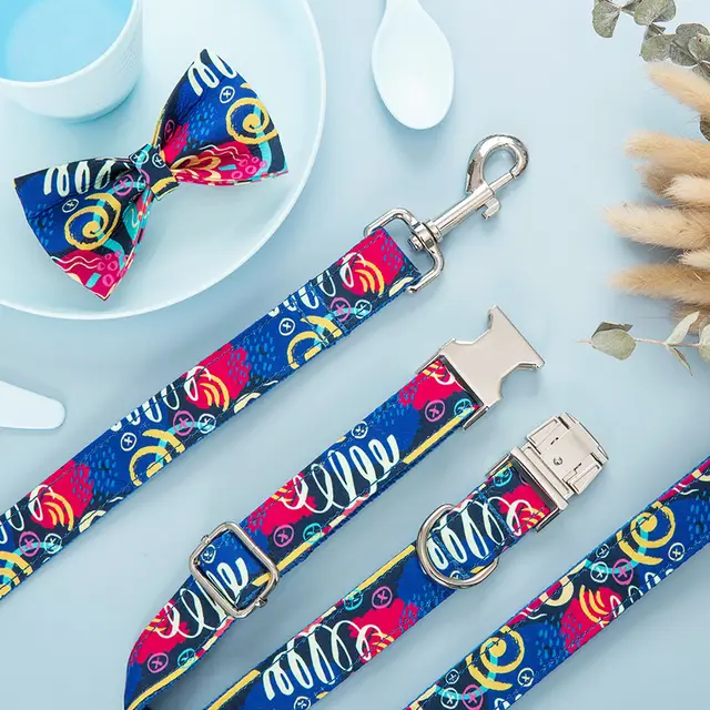 Dog Collar Pet Leash Dog Bow Set Dog Collar Pet Leash Dog Bow Set Blue Doodle Set - Shop at LoveMi