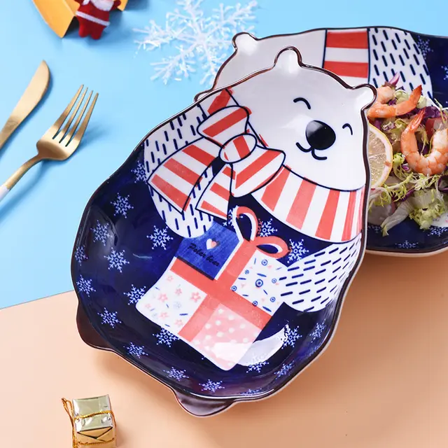 Animal Bakeware Hand painted Underglaze Cartoon Tableware Plate Polar Bear Deep Plate Blue - Shop at LoveMi