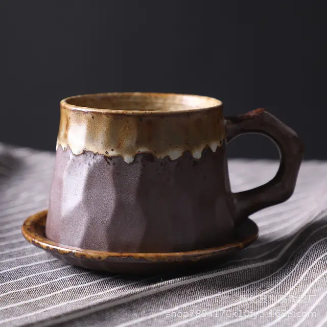 Japanese Retro Ceramic Coffee Cup And Saucer Set Creative Souvenir Cup Afternoon Tea Mug Stoneware Coffee Cup Purple Red - Shop at LoveMi