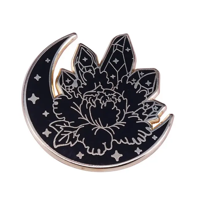 Quartz And Moon Brooch Crystal Cluster Flower Badge Black Gothic Art Accessories Golden - Shop at LoveMi