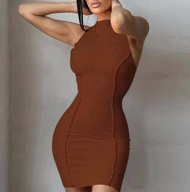 Summer New Style Women's Round Neck Sleeveless Solid Color Fashion Slim Fit Hip Dress Women Brown - Shop at LoveMi