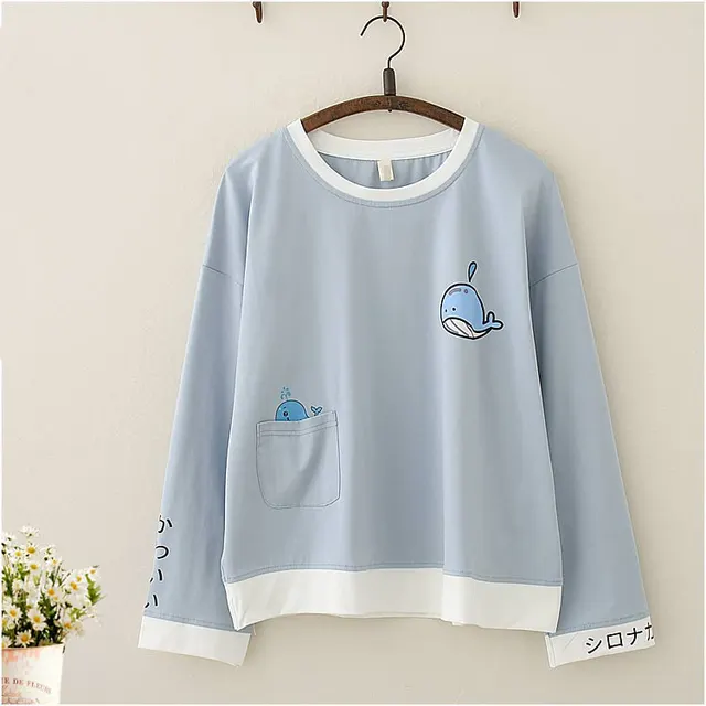 College Style Cute Whale Print Short sleeved T shirt Student Girl T shirt Korean Top Blue Long Sleeve - Shop at LoveMi