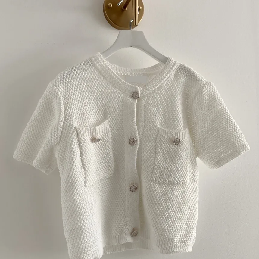 New Simple Round Neck Single Breasted Loose Solid Color Short Sleeved Sweater Women - White - View 1