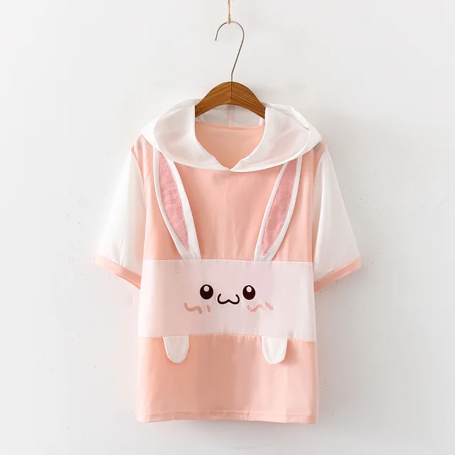 Summer New Style Japanese Soft Girl Girl Wind Cute Cat Sweet Strawberry Drawstring Ears Hooded Short sleeved Sweater Women - Shop at LoveMi