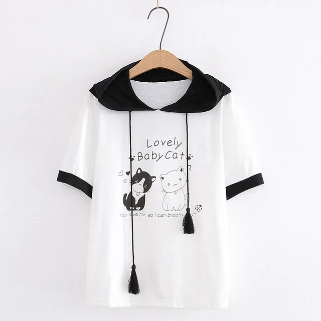 Summer New Style Japanese Soft Girl Girl Wind Cute Cat Sweet Strawberry Drawstring Ears Hooded Short sleeved Sweater Women - Shop at LoveMi