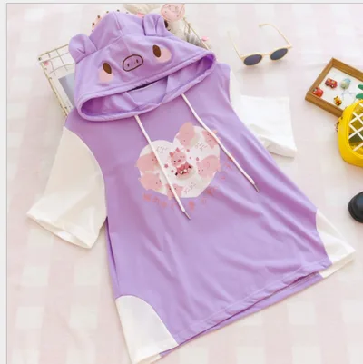 Summer New Style Japanese Soft Girl Girl Wind Cute Cat Sweet Strawberry Drawstring Ears Hooded Short sleeved Sweater Women - Shop at LoveMi