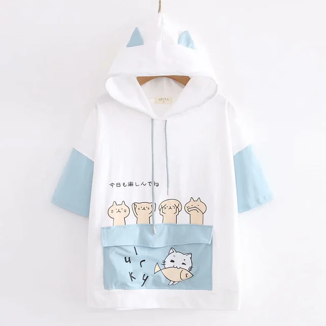 Summer New Style Japanese Soft Girl Girl Wind Cute Cat Sweet Strawberry Drawstring Ears Hooded Short sleeved Sweater Women - Shop at LoveMi