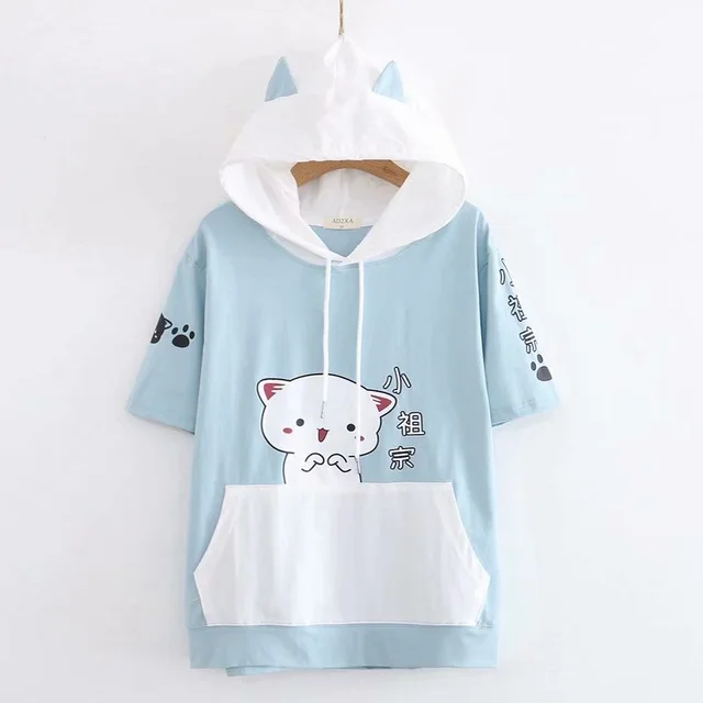 Summer New Style Japanese Soft Girl Girl Wind Cute Cat Sweet Strawberry Drawstring Ears Hooded Short sleeved Sweater Women I - Shop at LoveMi