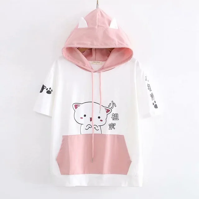 Summer New Style Japanese Soft Girl Girl Wind Cute Cat Sweet Strawberry Drawstring Ears Hooded Short sleeved Sweater Women J - Shop at LoveMi