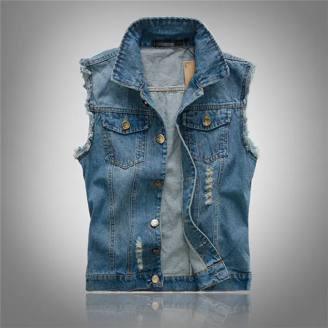 Cool New Korean Slim Fit Men'S Jeans Vest Men'S Light Vest Jacket Shoulder Trend Hole Large Vest Blue - Shop at LoveMi