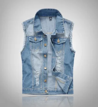 Cool New Korean Slim Fit Men'S Jeans Vest Men'S Light Vest Jacket Shoulder Trend Hole Large Vest - Light Blue