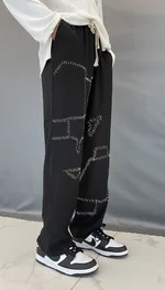 Black Handmade Ancient Cloth Hand Stitch Irregular Stitching Straight Leg Pants - Black