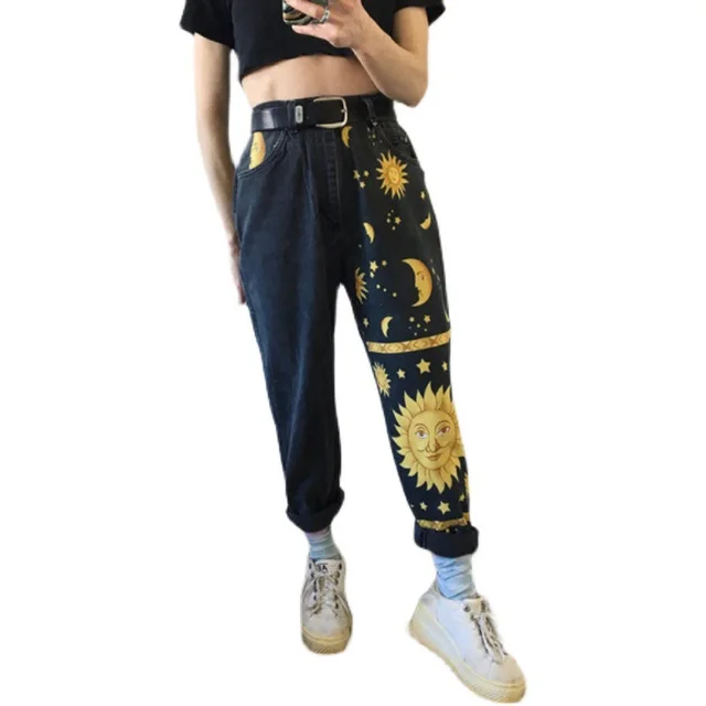 Europe And The United States New Ladies Fashion Fashion Printed Harem Pants Loose Jeans Black - Shop at LoveMi