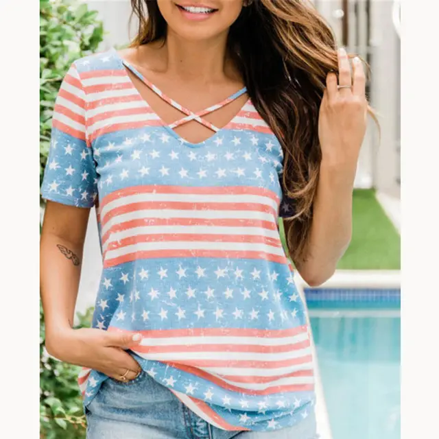 Summer Short Sleeved Printed T Shirt Women's Top Blue - Shop at LoveMi