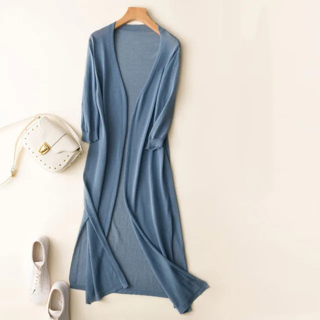 Ice Silk Knitted Cardigan Women's Sun Protection Clothing Mid Length Shawl Coat Dark Blue - Shop at LoveMi