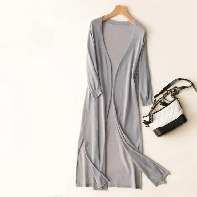 Ice Silk Knitted Cardigan Women's Sun Protection Clothing Mid Length Shawl Coat Grey - Shop at LoveMi