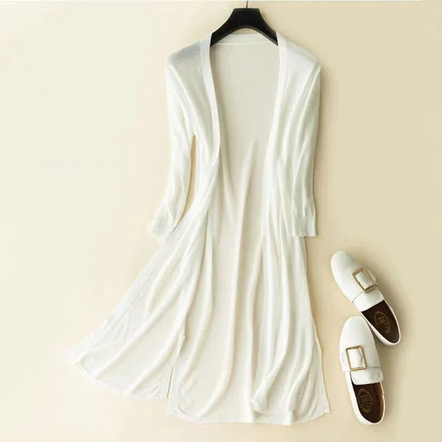 Ice Silk Knitted Cardigan Women's Sun Protection Clothing Mid Length Shawl Coat White - Shop at LoveMi