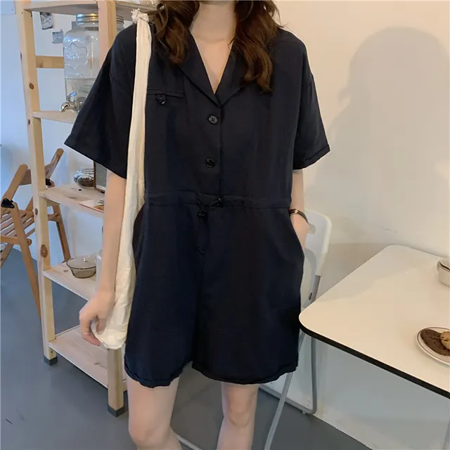 Loose Polo Collar Drawstring Slim Short Jumpsuit Navy Blue - Shop at LoveMi